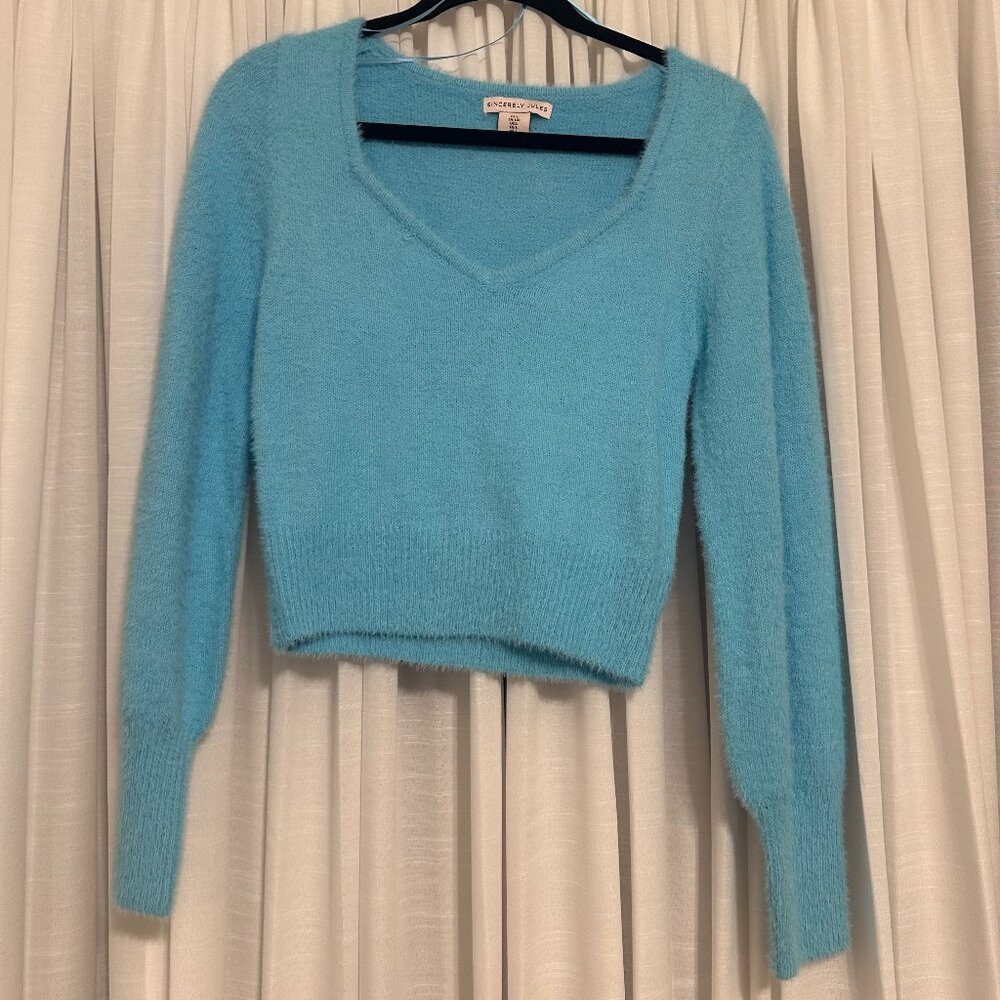 Sincerely Jules Fuzzy V Neck Sweater in Blue